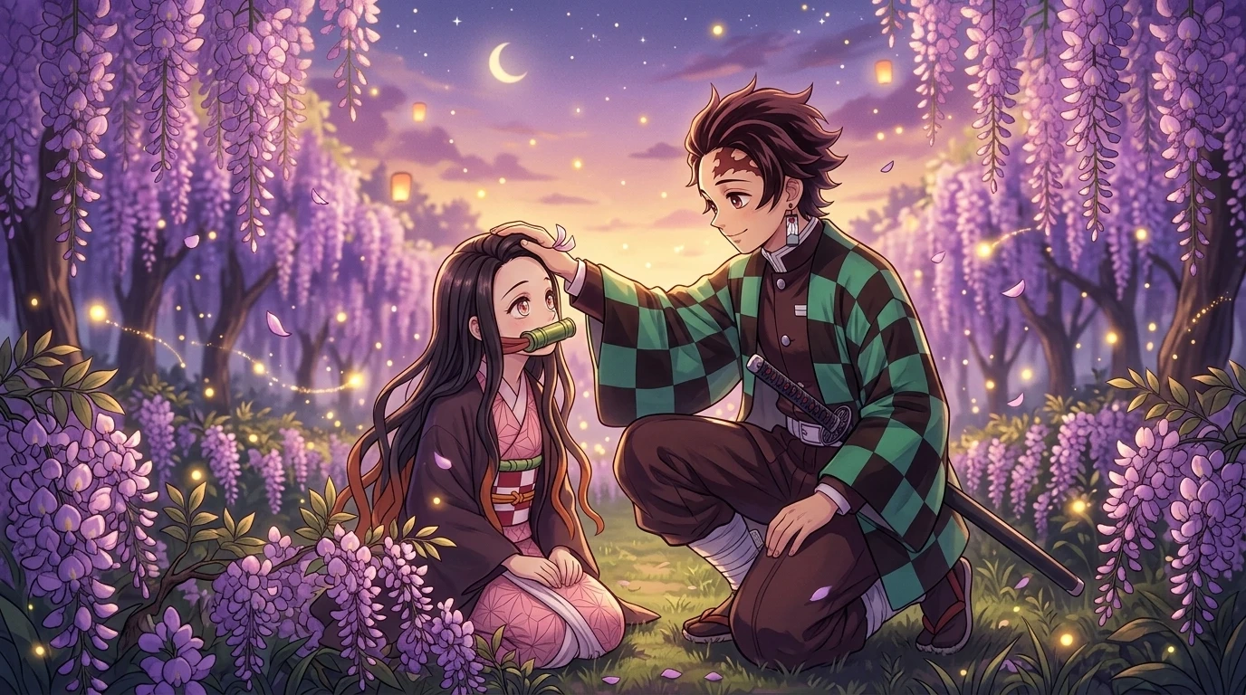 Tanjiro y Nezuko bajo las glicinas